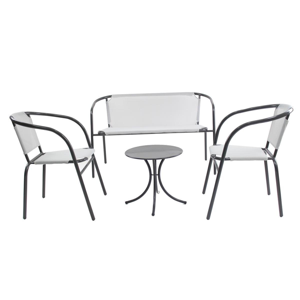 Salon de jardin CALETAC canapé, 2 fauteuils et table - Acier et textilène - Gris clair