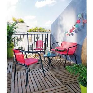 Salon de jardin CALETA Canapé, 2 fauteuils et table - Acier et textilène - Rouge