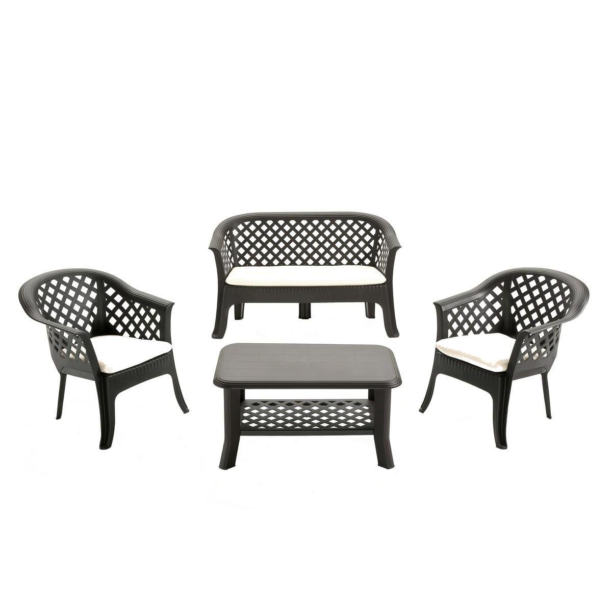 Salon de jardin table, sofa, 2 fauteuils - Résine et polypropylène - Gris anthracite