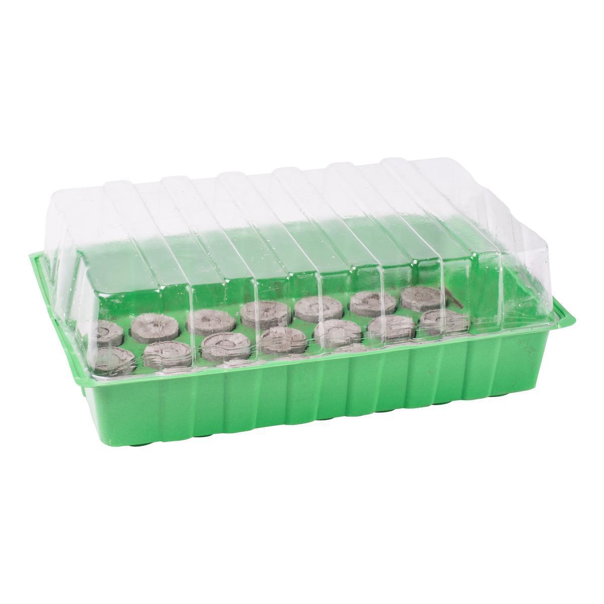 Bac à semis avec 28 pastilles - Plastique et Coco compressé - 35,5 x 21 x H 6,7 cm - Vert