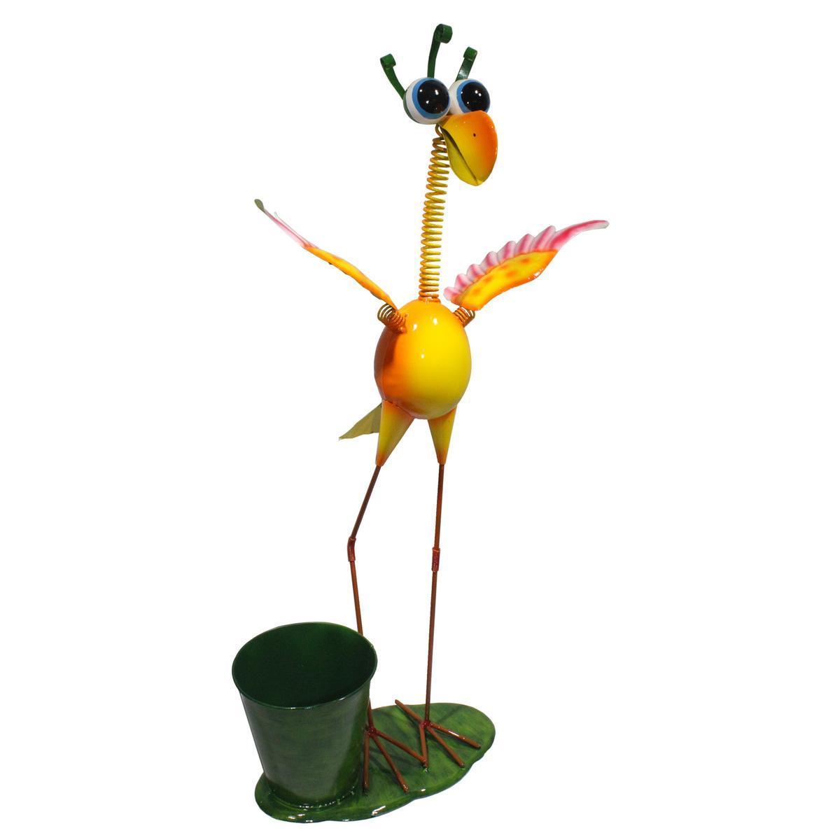 Oiseau décoratif de jardin avec pot - 33 x 26 x H 71 cm - Orange