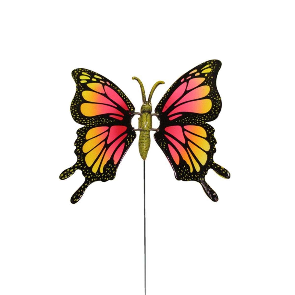Papillon décoratif sur pique - Plastique - 23,5 x 20 x H 60 cm - Noir, rose et jaune