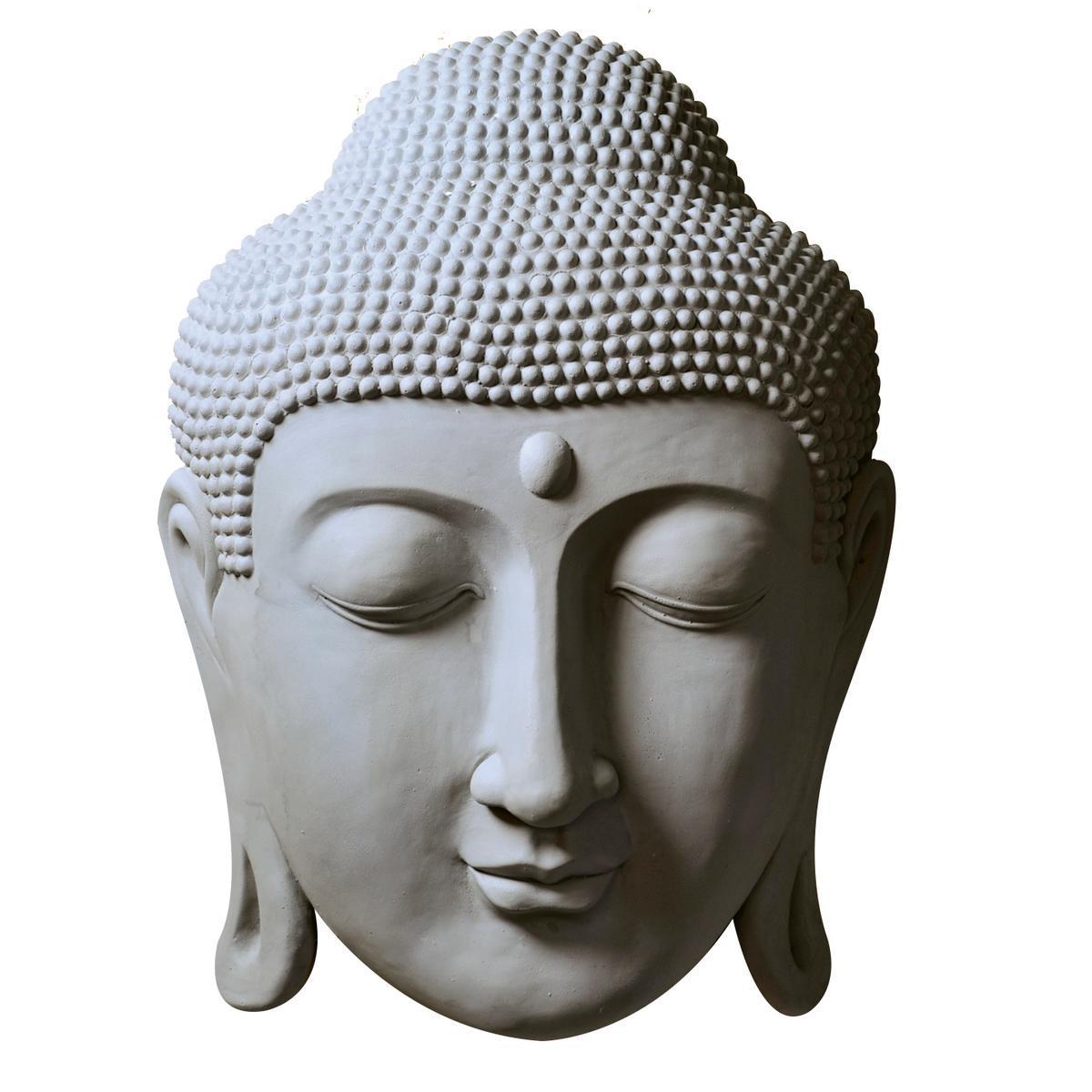 Statue tête de Bouddha - Fibre d'argile - 52 x 43 x H 13 cm - Gris