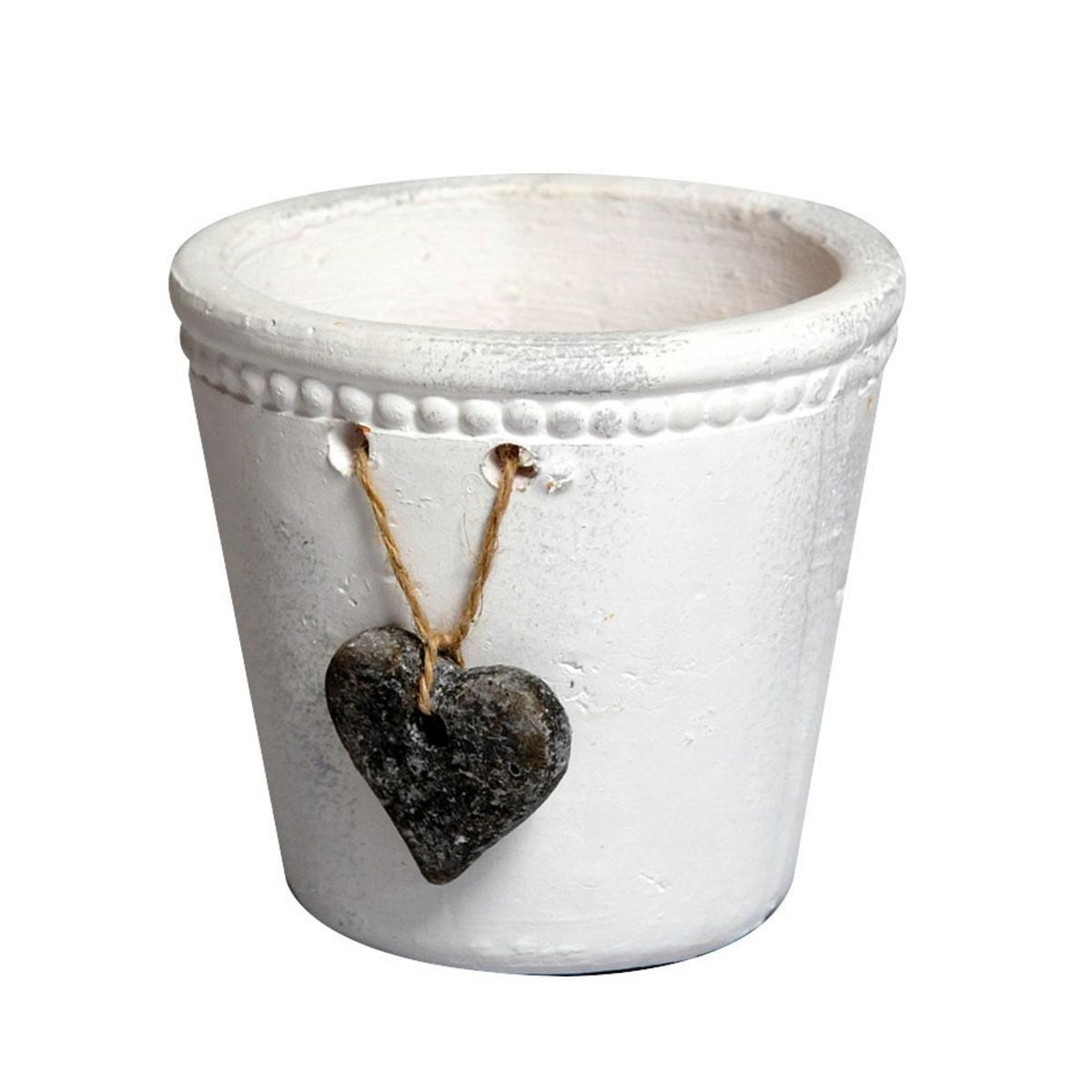 Pot déco cœur - Céramique- Ø 15 x H 13,5 cm - Blanc