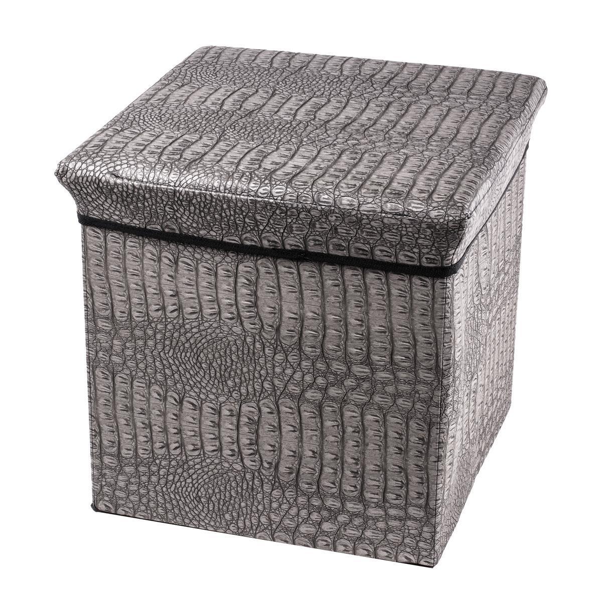 Pouf coffre cube effet croco - Polyuréthane - 38 x 38 x H 38 cm - Gris