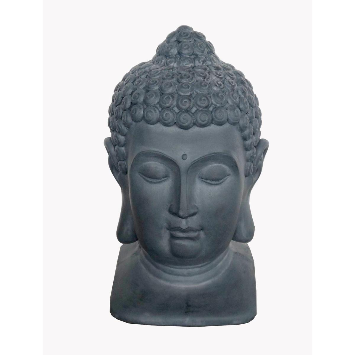 Statue tête de Bouddha - Fibre d'argile - 31 x 30 x H 50 cm - Gris