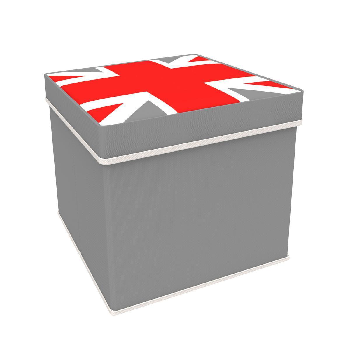 Pouf cube drapeau UK - Tissu non tissé - 30 x 30 x H 30 cm - Gris, blanc et rouge