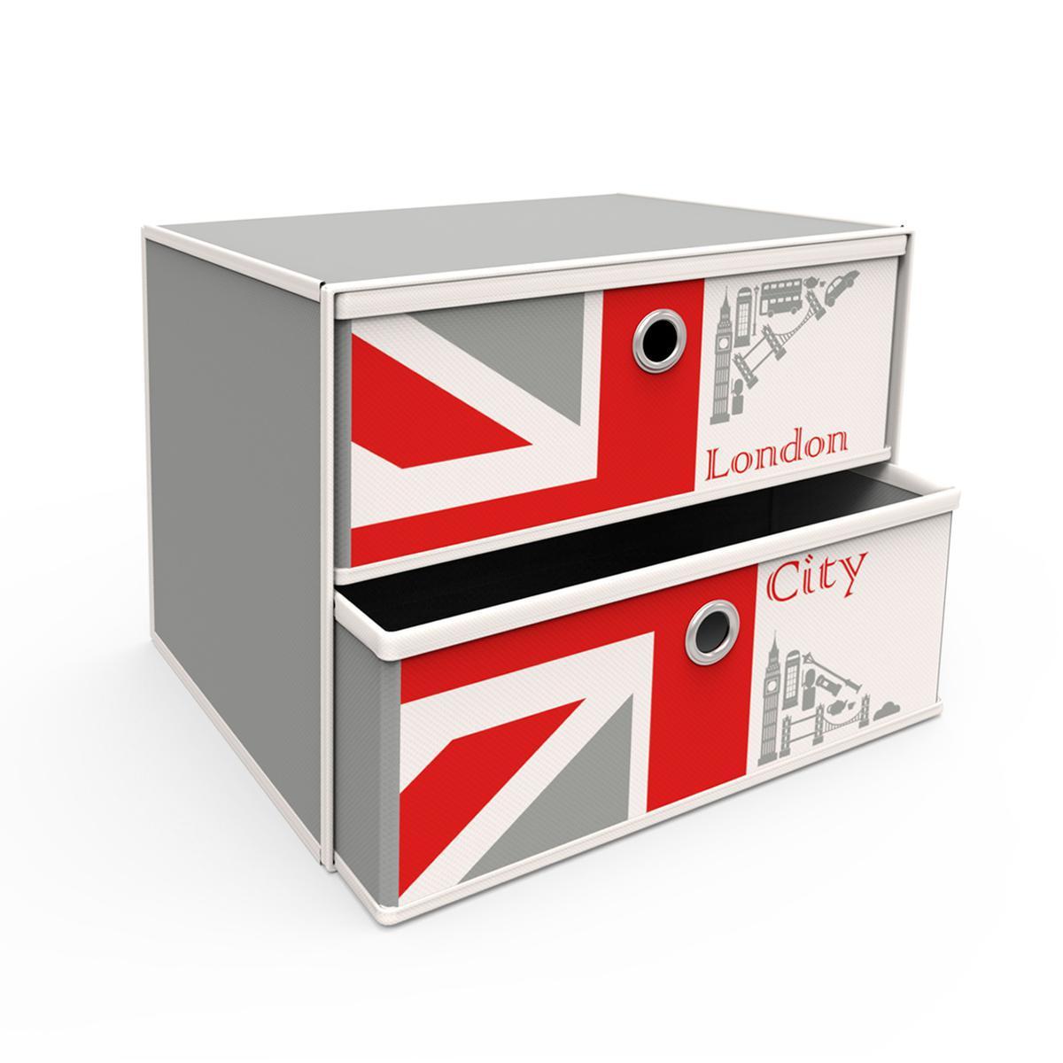 2 tiroirs drapeau UK - Tissu non tissé - 30 x 30 x H 27,5 cm - Gris, blanc et rouge