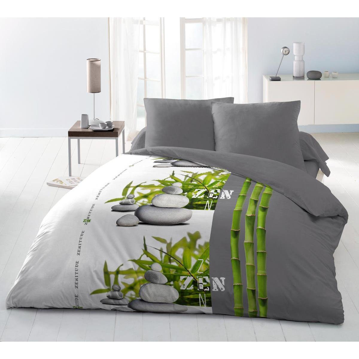 Parure de lit Zen - 100% polyester microfibre - 240 x 220 cm et 63 x 63 cm - Blanc, gris et vert