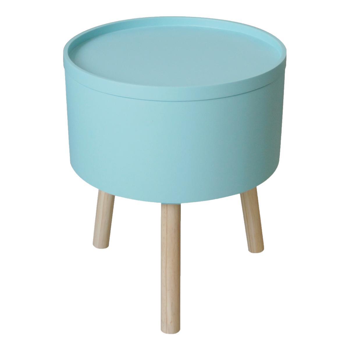 Table d'appoint avec rangement - Bois et MDF - Ø 38 x H 45 cm - Bleu