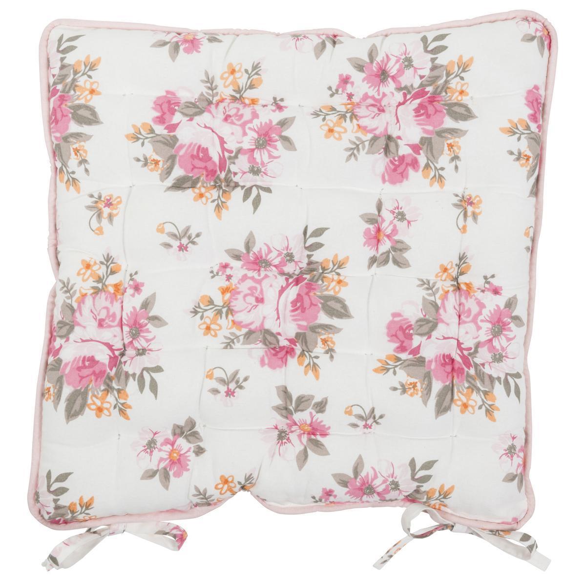 Galette de chaise 'floral' - 100 % coton - 40 x 40 cm - Blanc cassé et rose