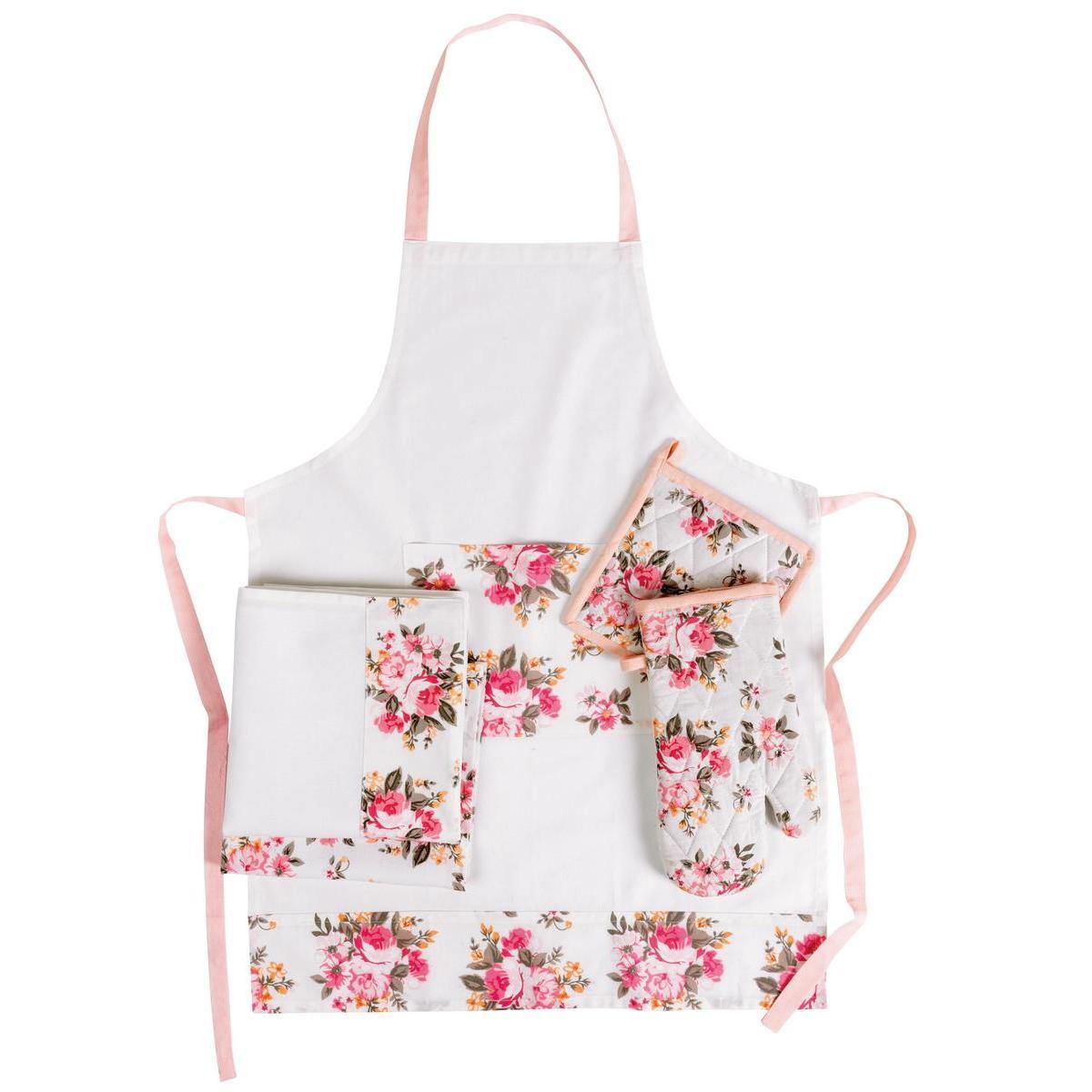 Gant + manique 'floral' - 100 % coton - Blanc cassé et rose