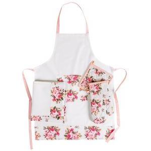 Gant + manique 'floral' - 100 % coton - Blanc cassé et rose