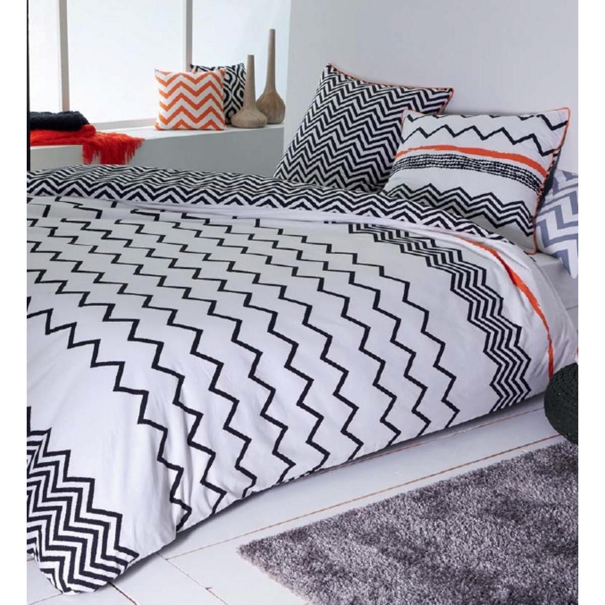 Parure de lit et 2 taies d'oreiller - Coton et polyester - 240 x 220 cm - Noir, blanc et orange