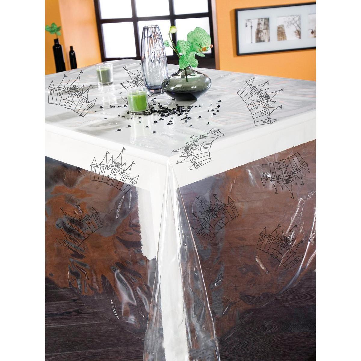 Nappe motif château - 100 % PVC - Ø 140 cm - Transparent et noir