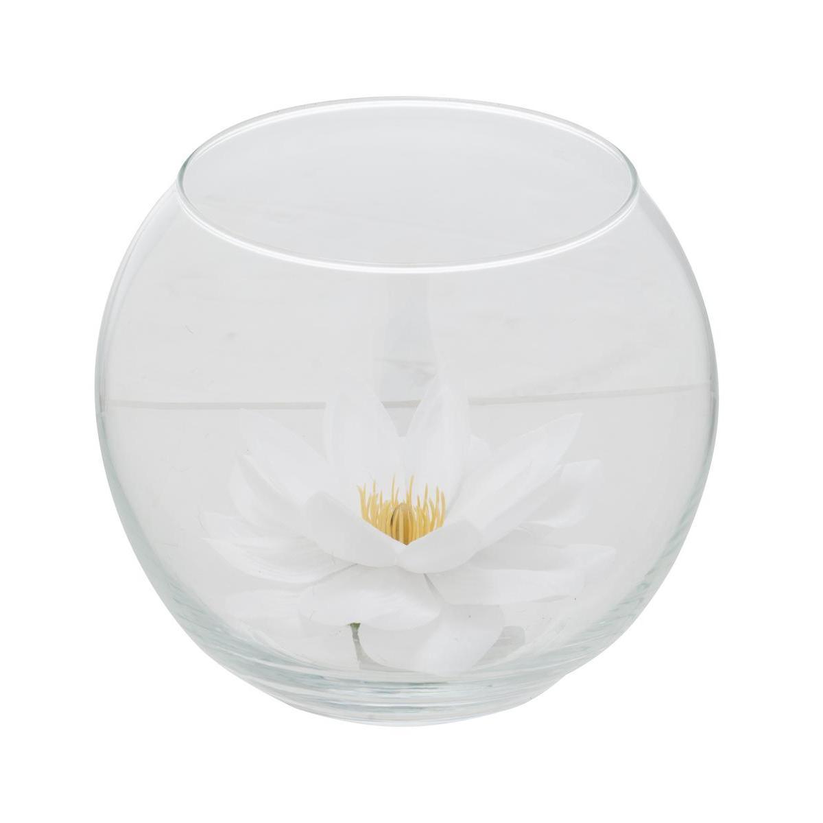 Fleur de lotus dans un vase boule - Plastique - H 16 cm - Transparent et blanc