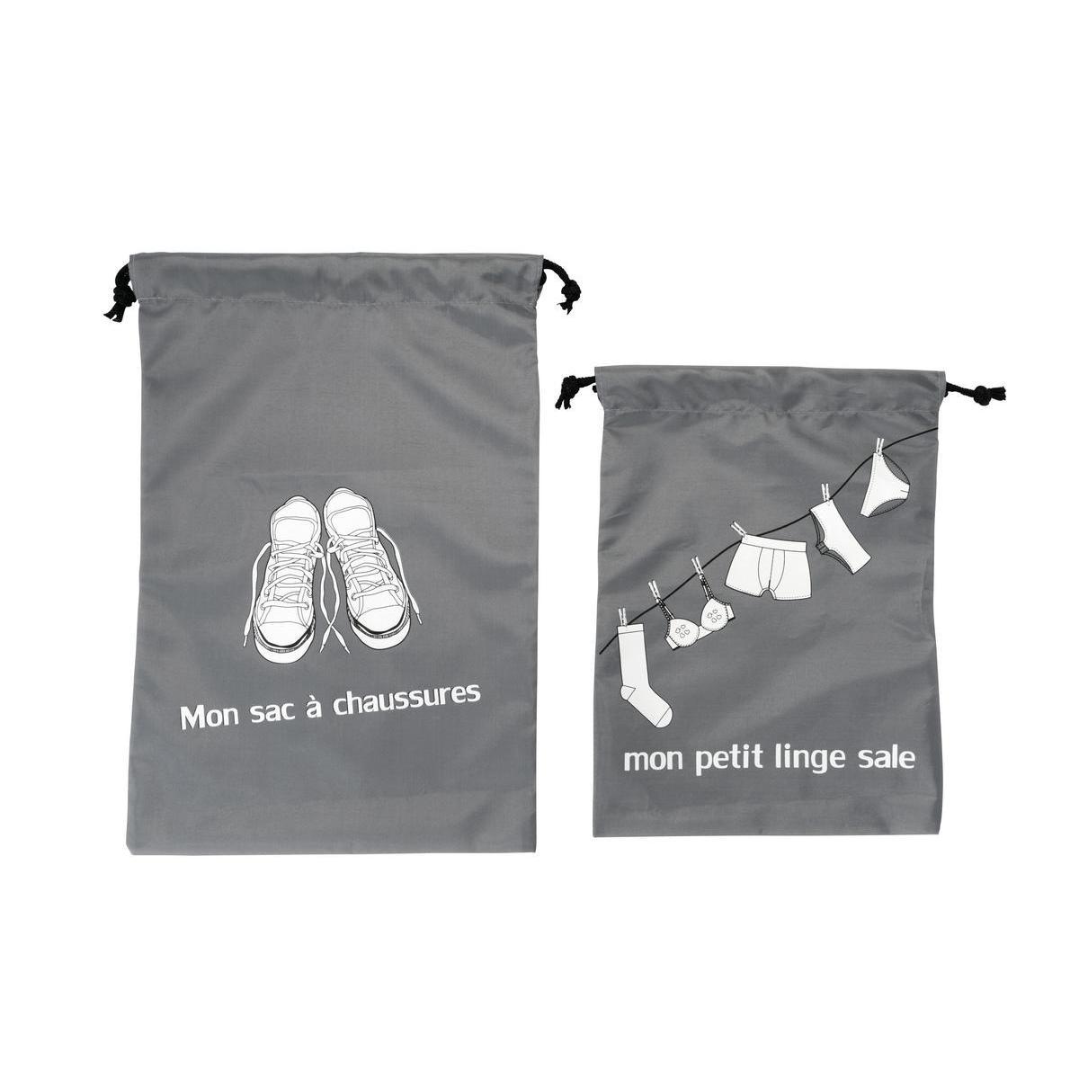 2 sacs de rangement valise - 100% Polyester - Chaussures : 25 x H 38 cm, Linge : 22 x H 30 cm - Gris