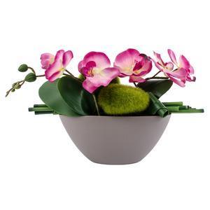 Orchidée + pot - Polyester et porcelaine - 40 x 16 x H 15.5 cm - Blanc et rose fushia