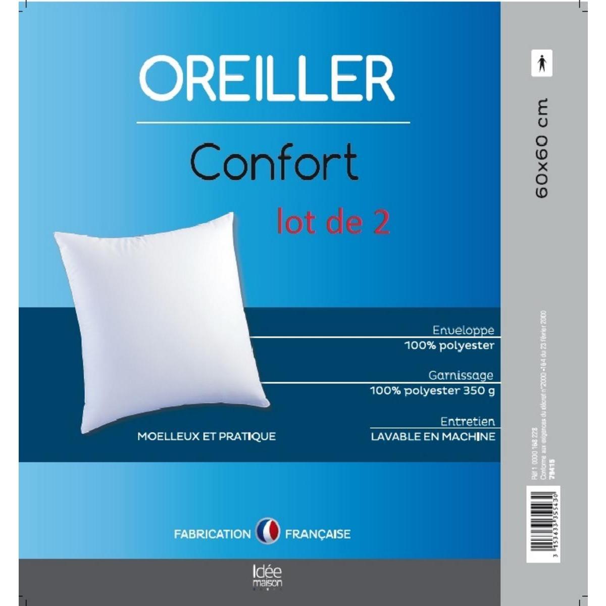 2 oreillers confort - 100 % polyester - 60 x 60 cm - Blanc