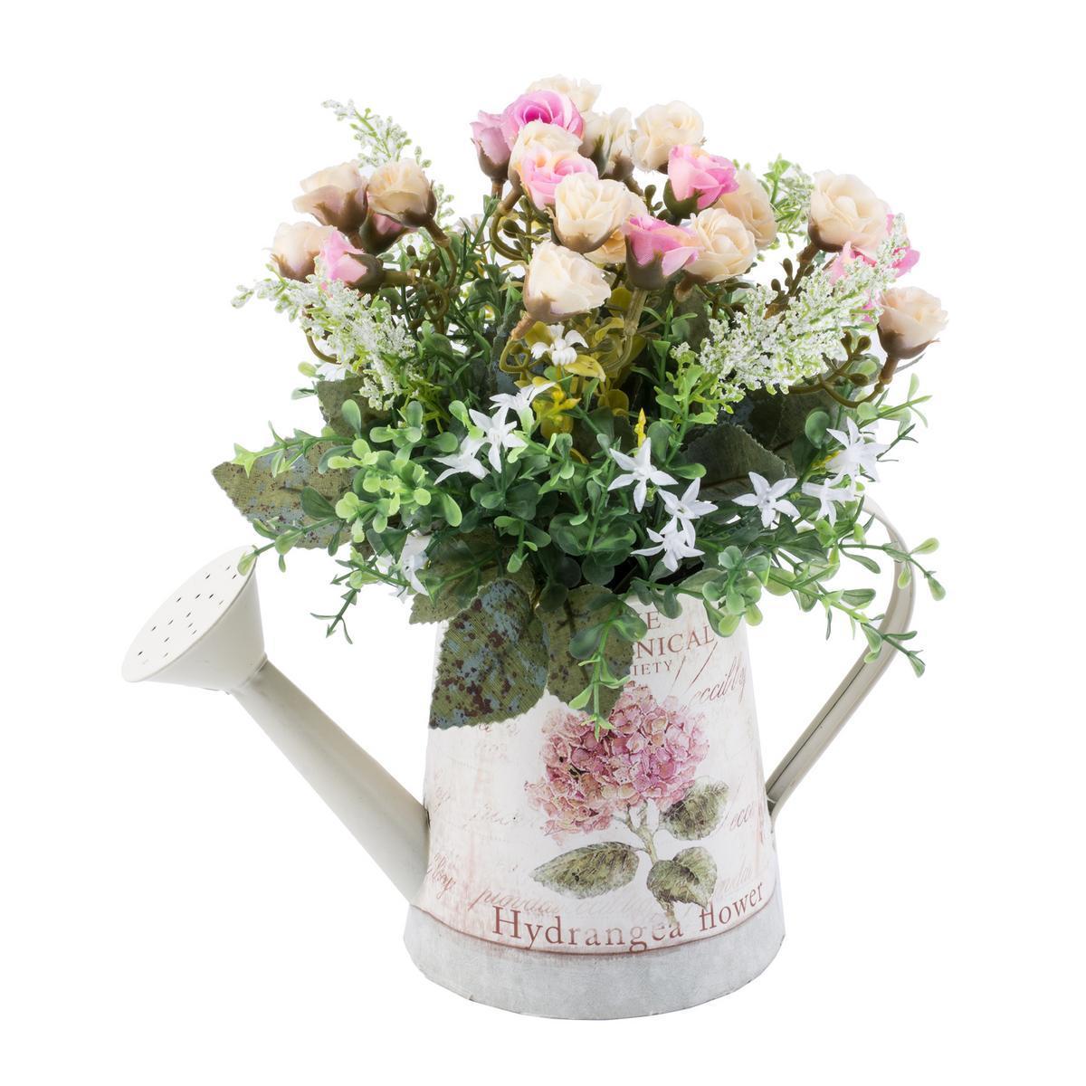 Composition florale pot arrosoir - H 26 cm - Plastique, polyester et métal - Multicolore