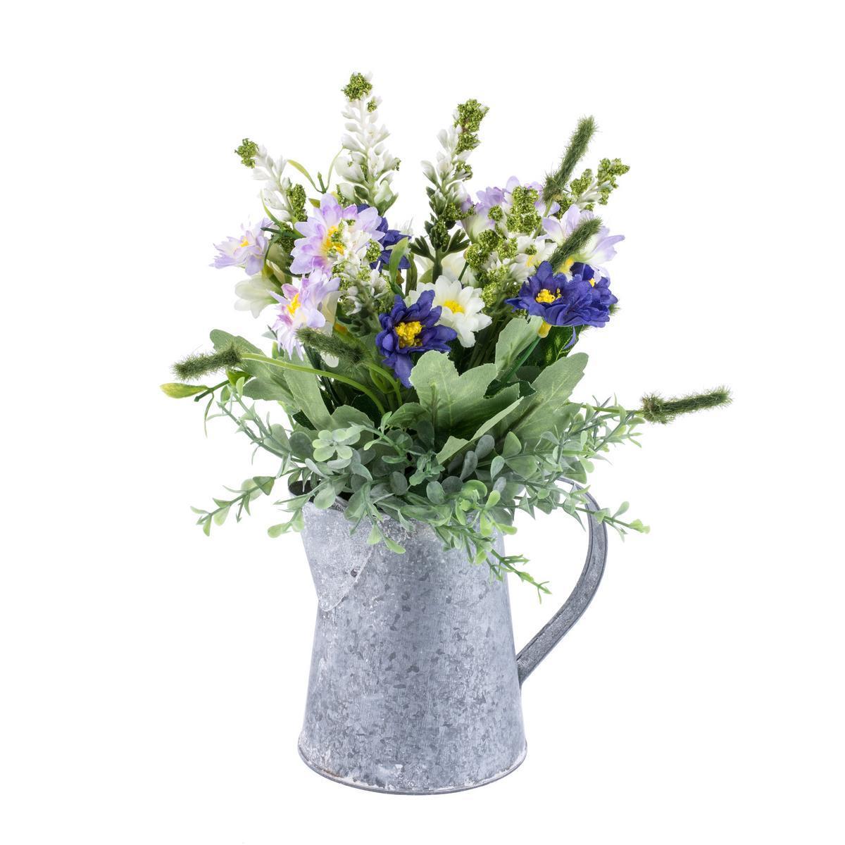 Composition florale pot zinc - Plastique, polyester et métal - H 27 cm - Multicolore