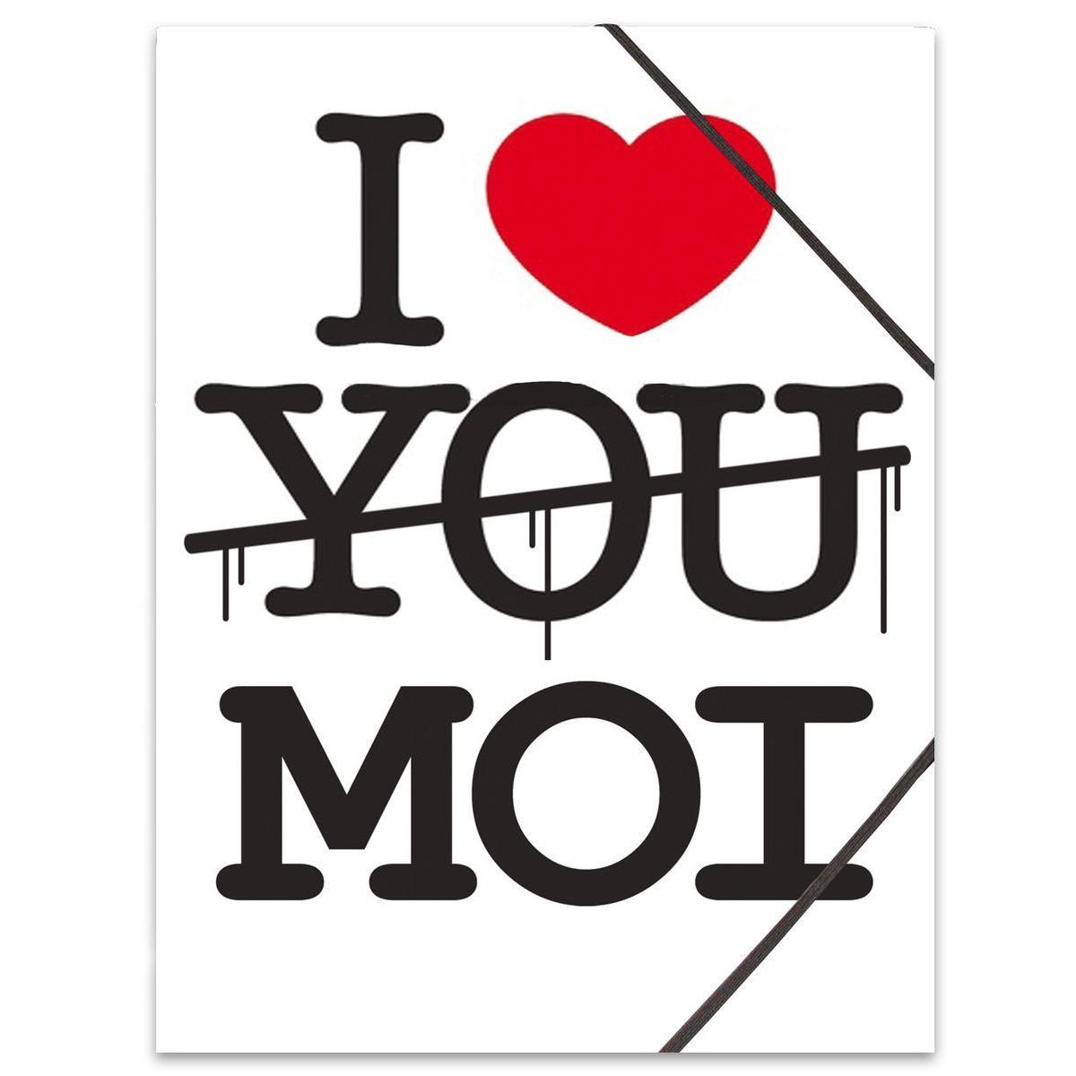 Pochette à rabats 'I love moi' - Carton souple - 24 x H 32 cm - Blanc, noir et rouge