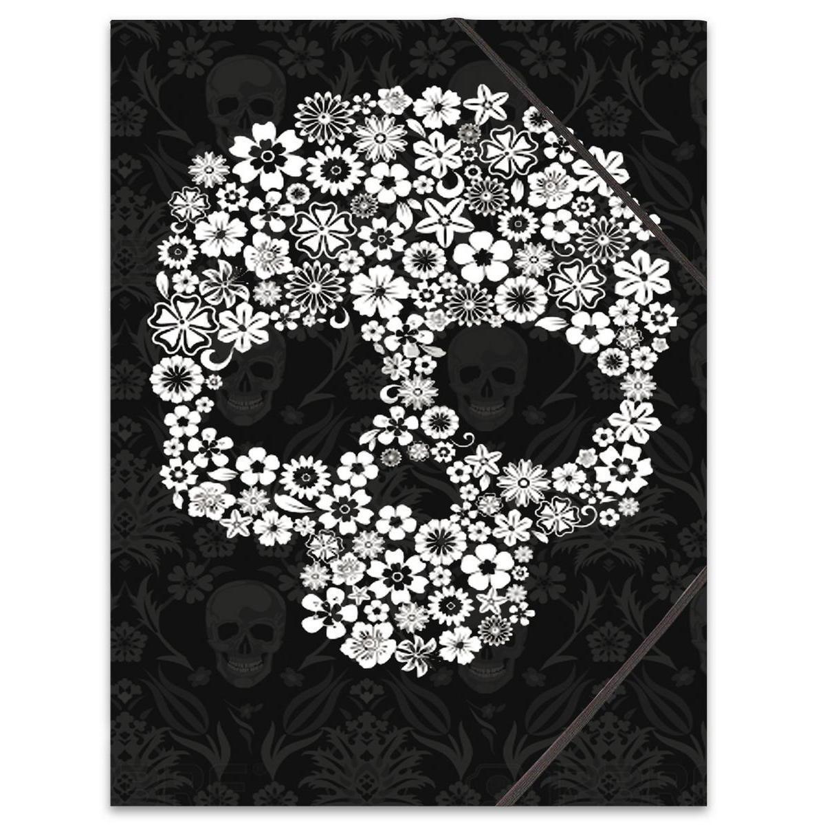 Pochette à rabats tête de mort fleurie - Carton souple - 24 x H 32 cm - Noir et blanc
