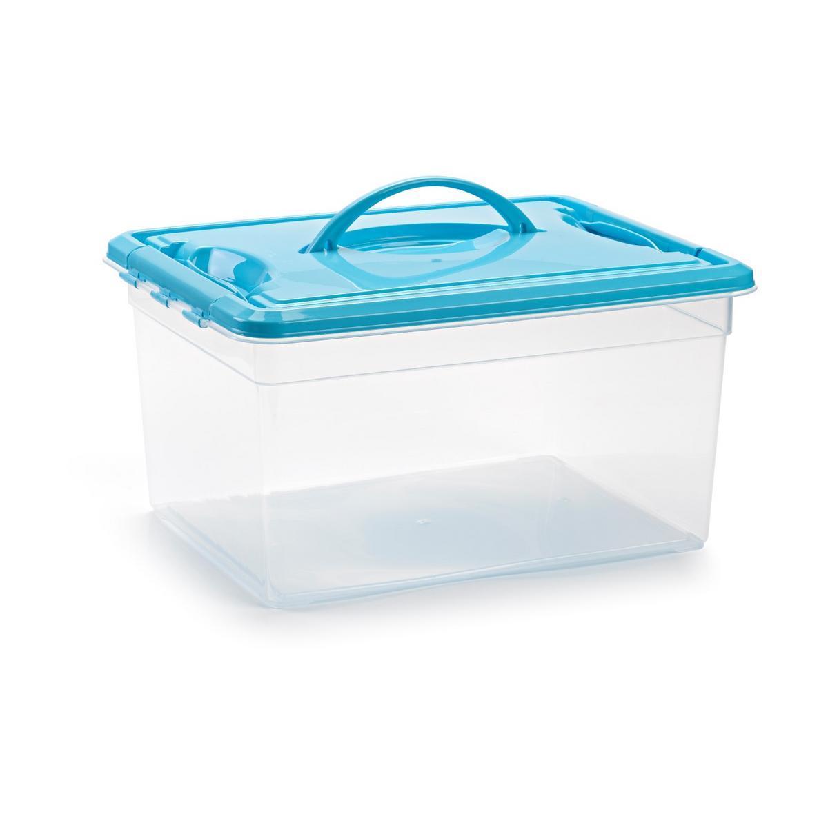 Boîte de rangement avec poignées - Plastique - 34 x 27 x H 18 cm - Turquoise, rose ou gris