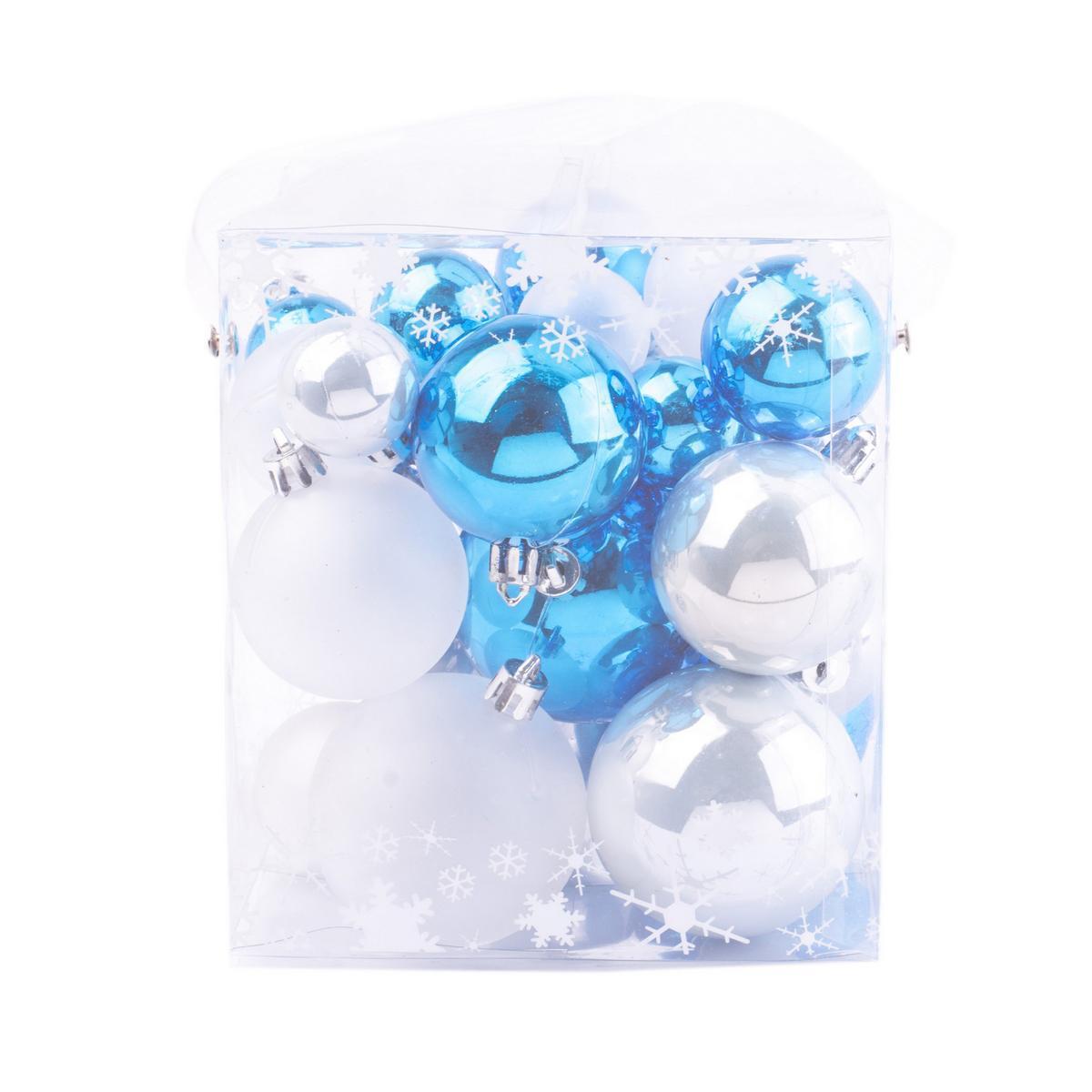 31 boules de Noël - Plastique - 13.5 x 13.5 cm - Bleu et blanc