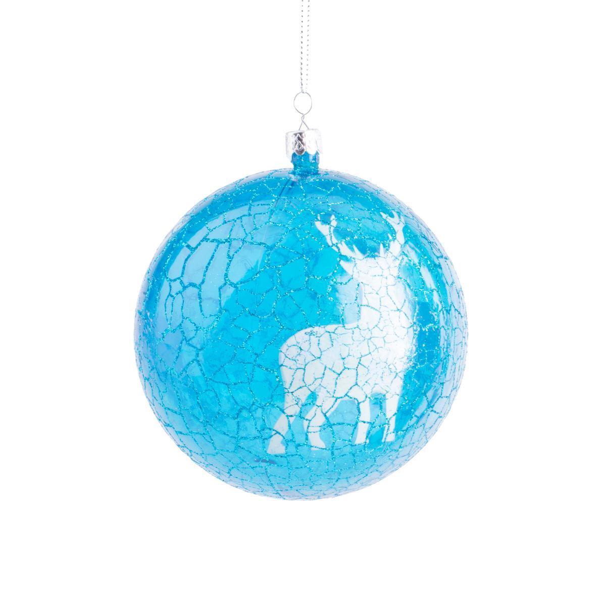 Boule de Noël craquelée cerf - Plastique - Ø 10 cm - Bleu