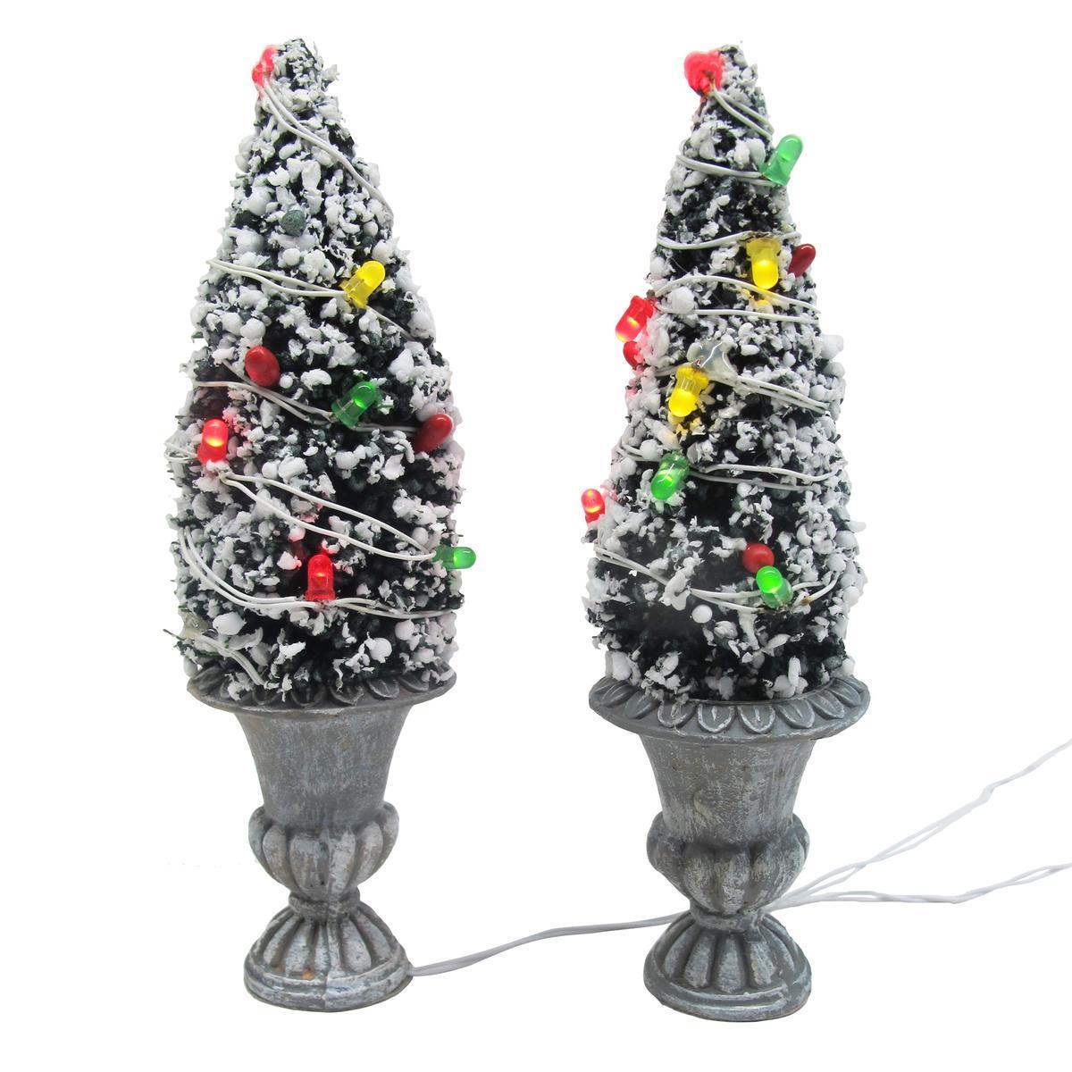 Accessoire village, 2 sapins décorés - Plastique et polyrésine - H 13 cm - Multicolore