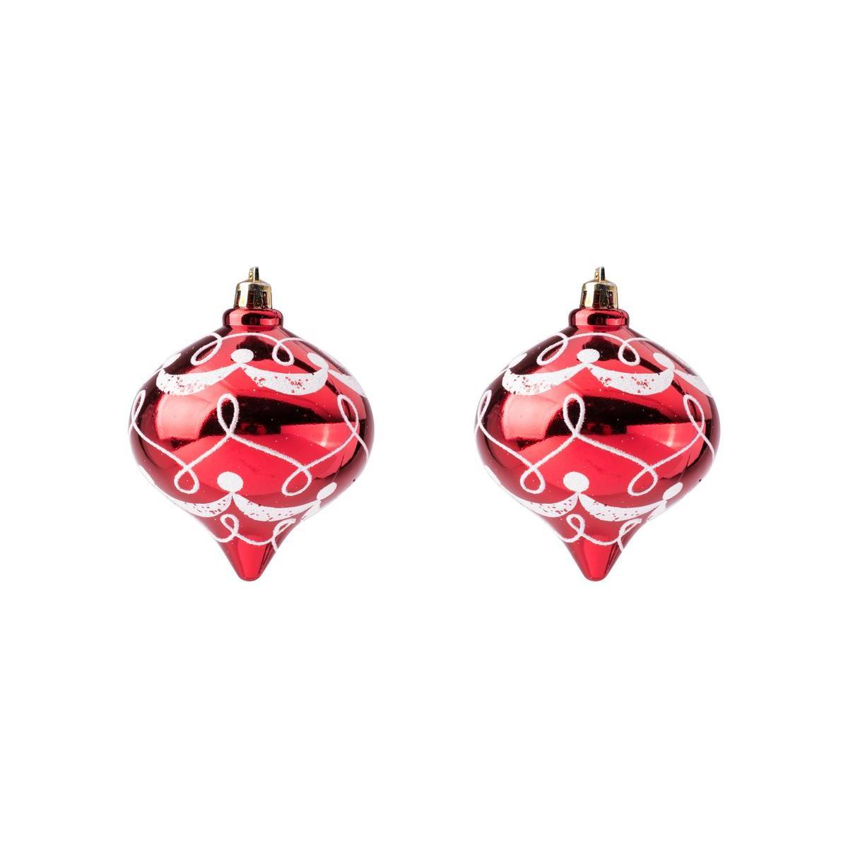 2 boules de Noël - Plastique - H 8 cm - Rouge et blanc