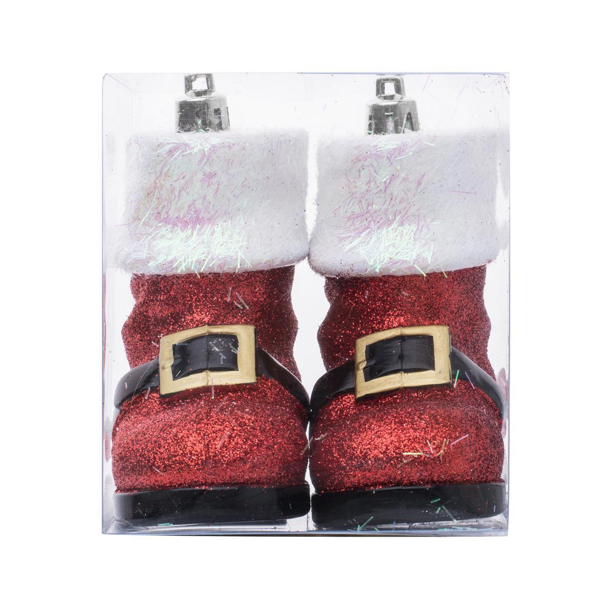 2 suspensions bottes de Papa Noël - H 10 cm - Rouge, noir, blanc