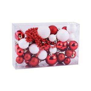 40 boules de Noël + guirlande de perles - Plastique - Différentes tailles - Rouge et blanc