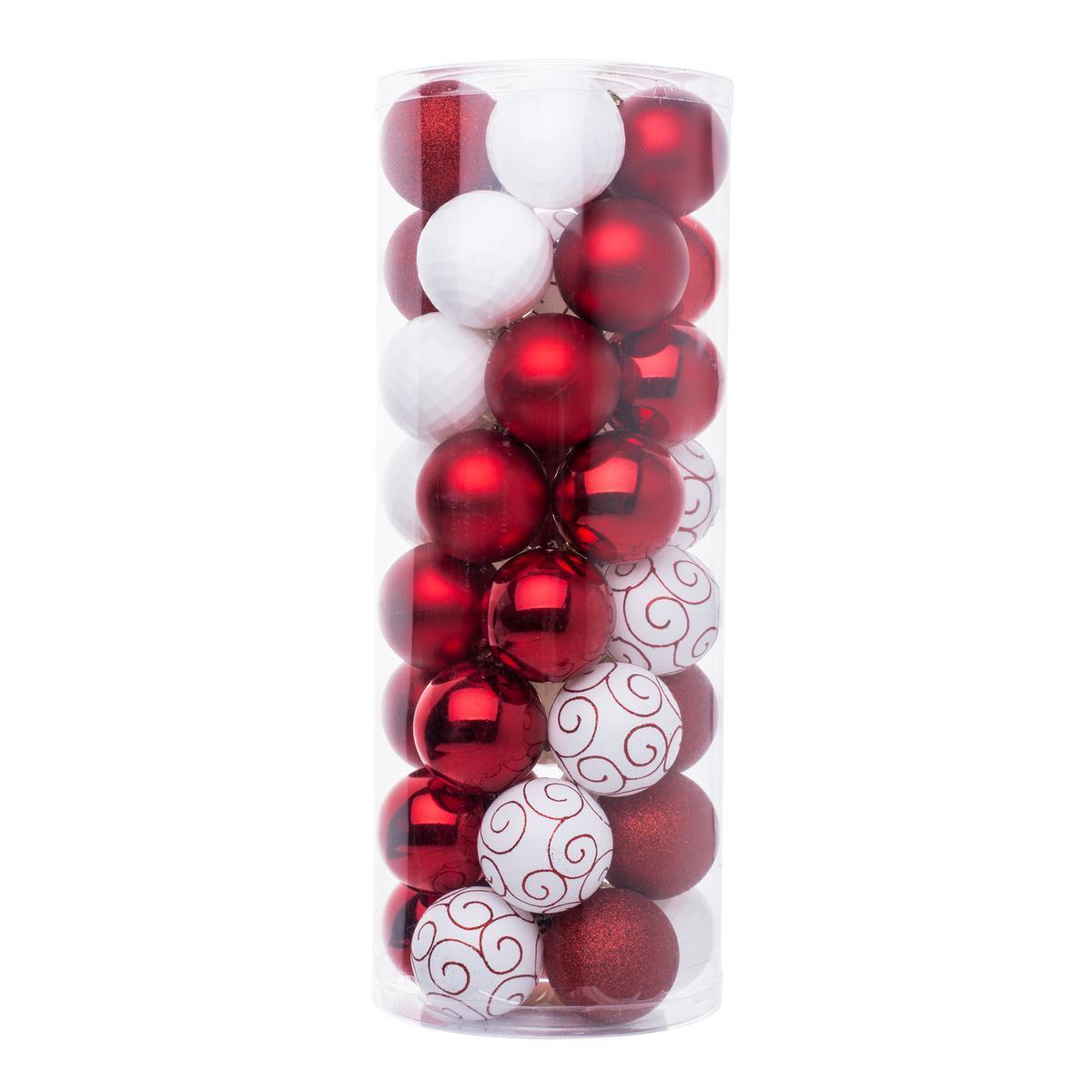 40 boules de Noël en tube - ø 6 cm (par boule) - Différents coloris - Rouge, blanc