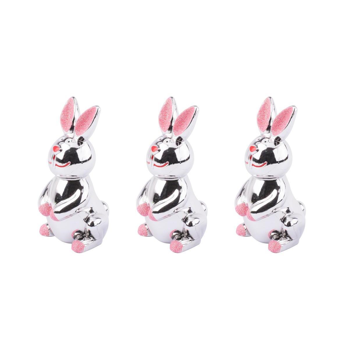 Lapin déco - Plastique - 10 cm - Rose et argent