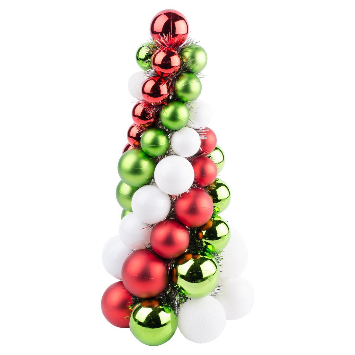 Sapin boules twist - Plastique - Ø 16 x H 26 cm - Blanc, vert et rouge