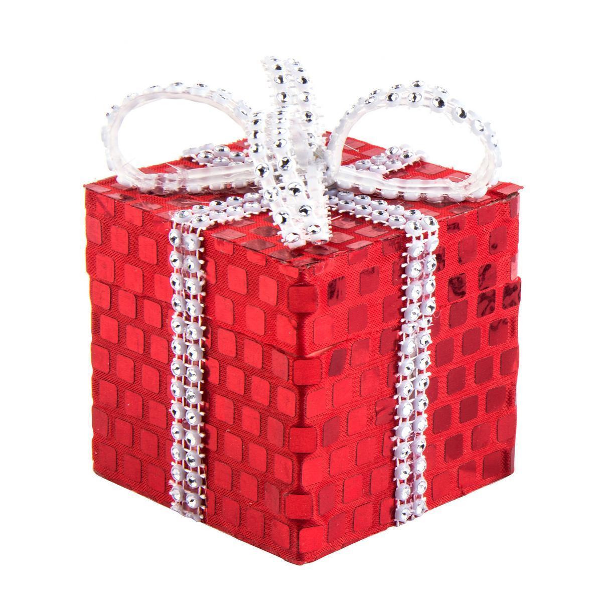 Suspension paquet cadeau - Polystyrène - 7,5 x 7,5 x H 11 cm - Rouge et doré
