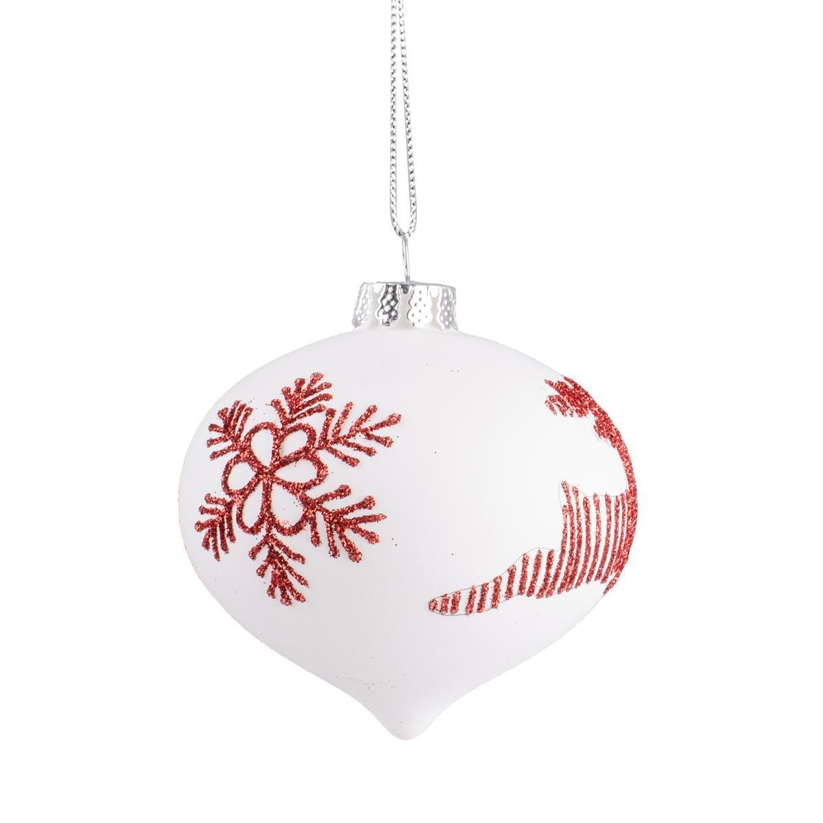 Boule de Noël dessins en pointe - Verre - Ø 8 cm - Blanc et rouge