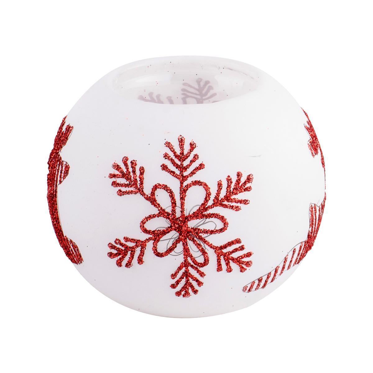 Photophore de Noël rond - Verre - Ø 8 x H 6 cm - Blanc et rouge