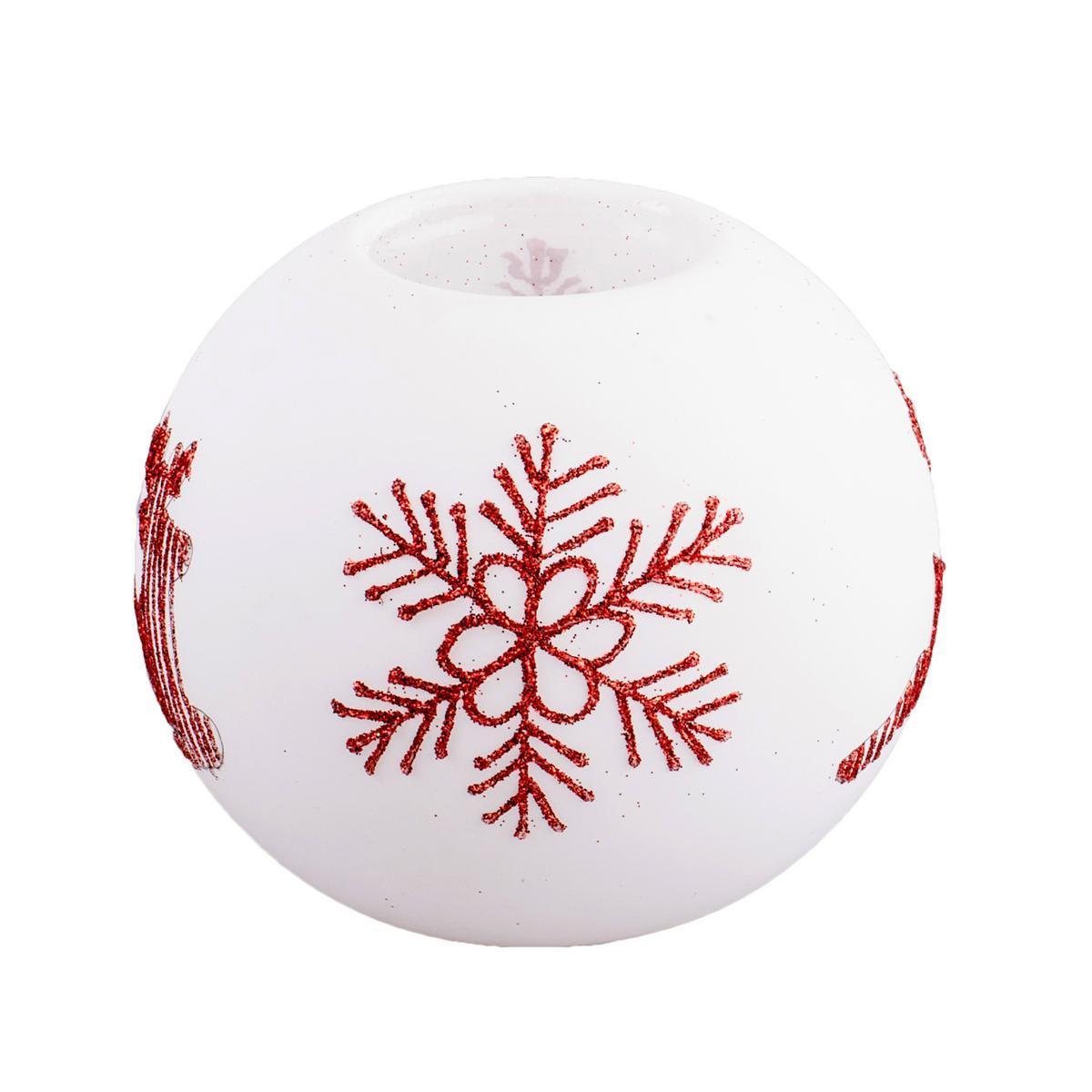 Photophore de Noël rond - Verre - Ø 10 x H 8 cm - Blanc et rouge