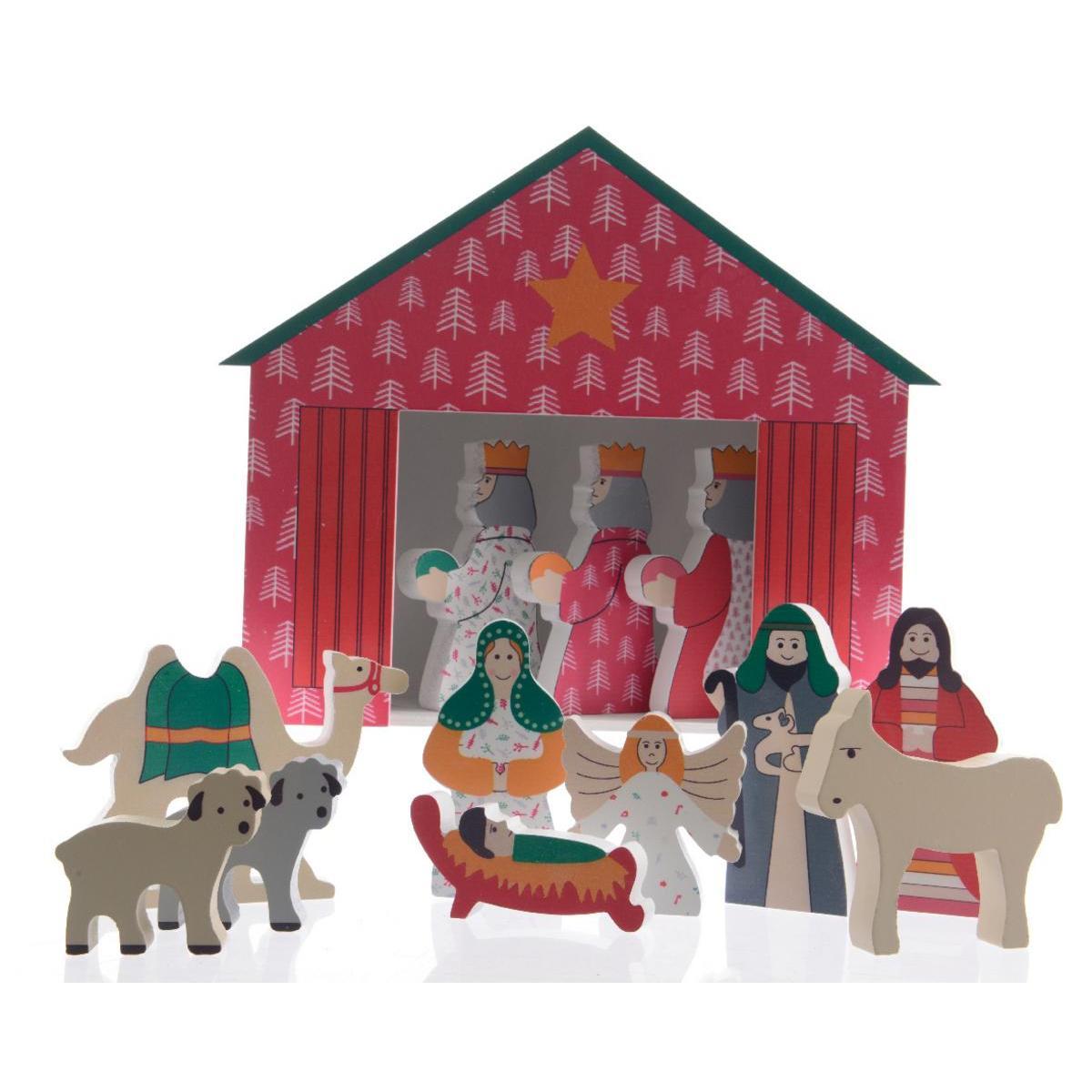 Crèche + 12 santons - MDF - 29 x 8 x H 25 cm - Multicolore