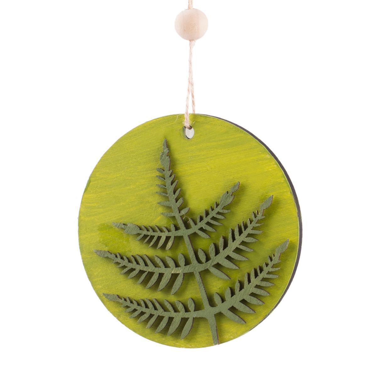 Suspension cercle avec feuille - MDF - Ø 9 cm - Vert