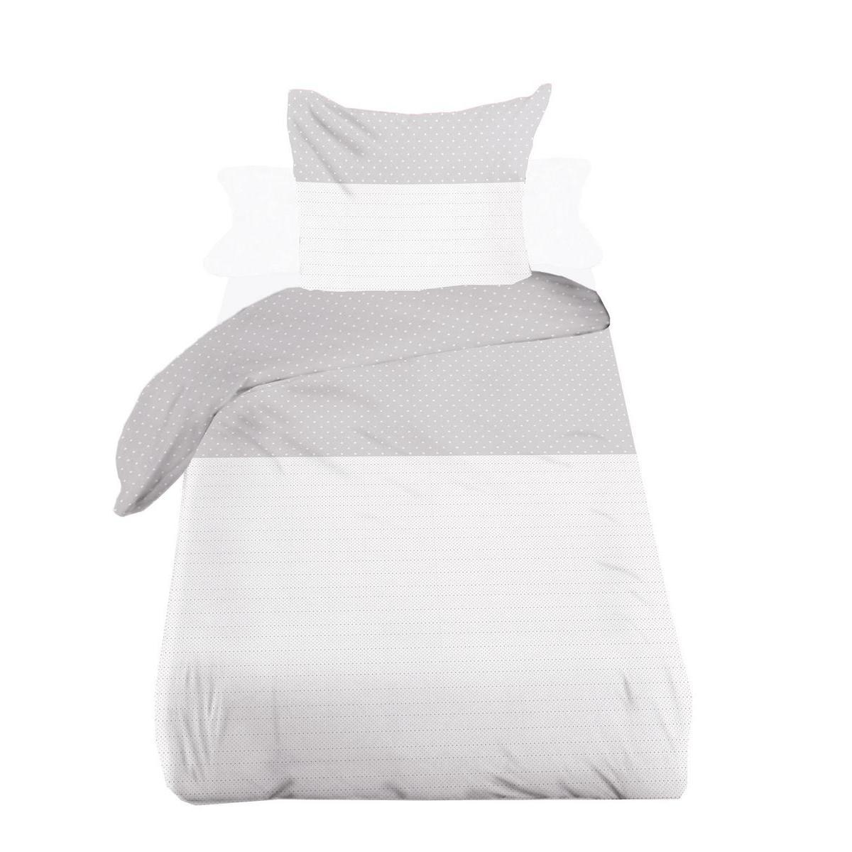 Parure de lit à pois - Coton et polyester - 140 x 200 cm - Blanc et gris