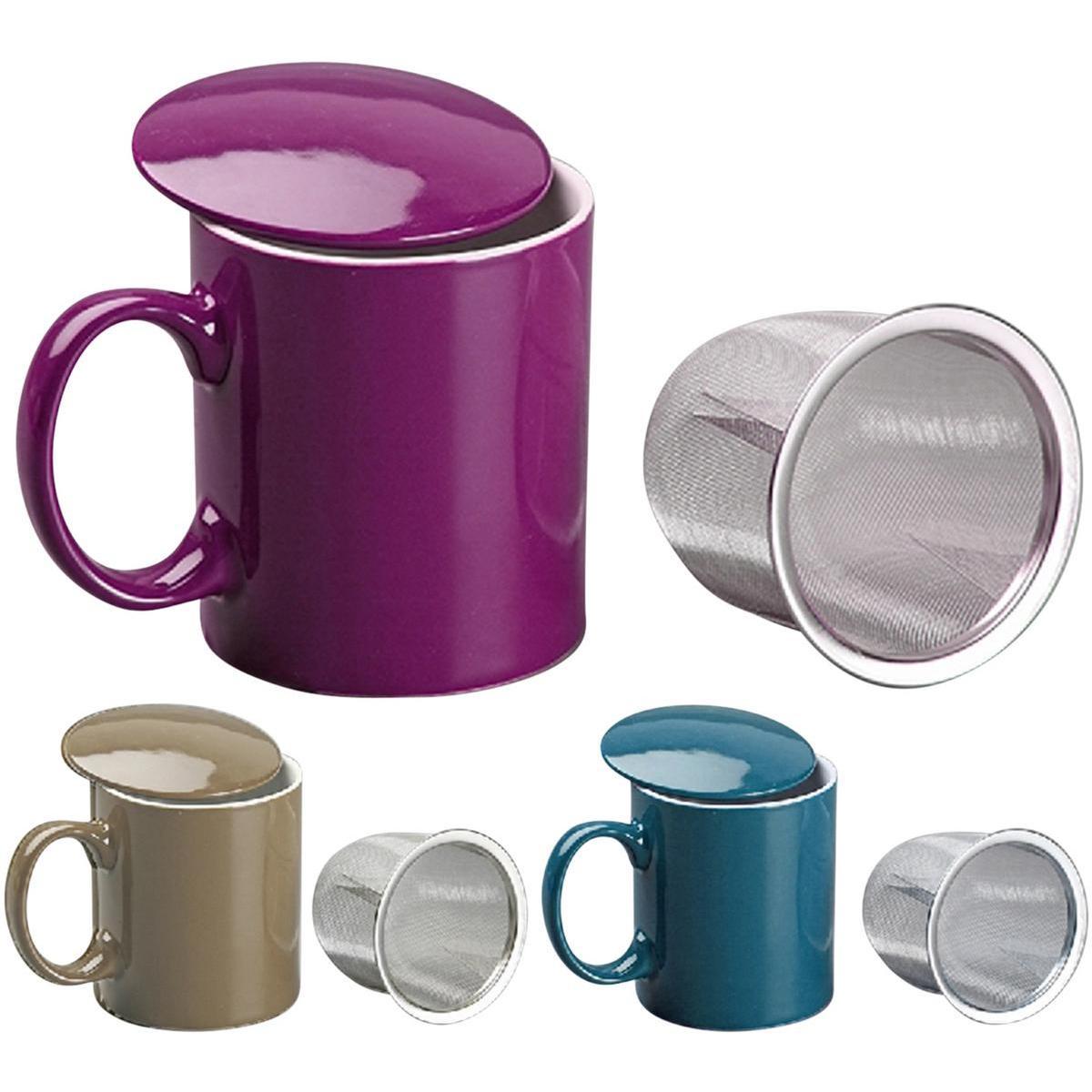 Mug et infuseur à thé - Grès et acier inoxydable - Ø 8,5 x H 9,6 cm - Violet, bleu ou taupe
