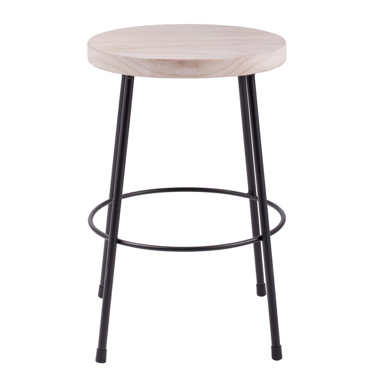 Tabouret rond - Acier et paulownia - Ø 30 x H 46 cm - Noir et marron