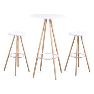 Table de bar + 2 tabourets - Acier et mdf - Ø 60 x H 105 cm - Blanc et marron