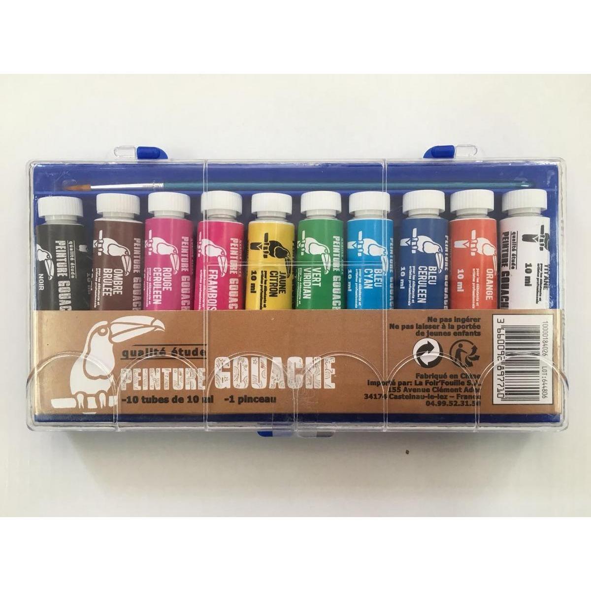 Kit gouache + 1 pinceau - 10 ml - 10 couleurs