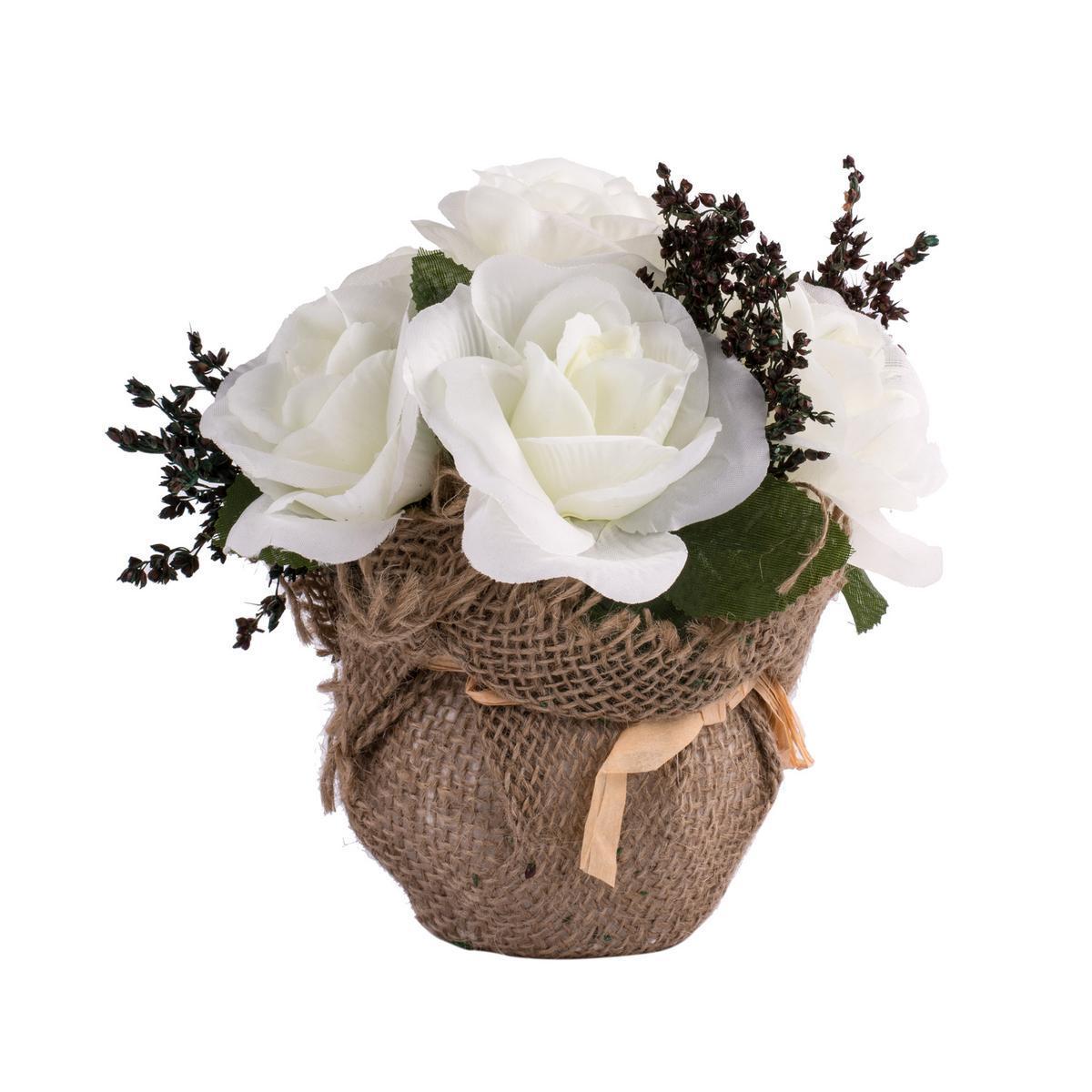 Bouquet de roses artificielles - Tissu et jute - Ø 19 x H 17 cm - Rose, blanc et beige