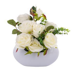 Composition de roses artificielles - Tissu et porcelaine - 33 x 23 x H 30 cm - Blanc, rose et vert